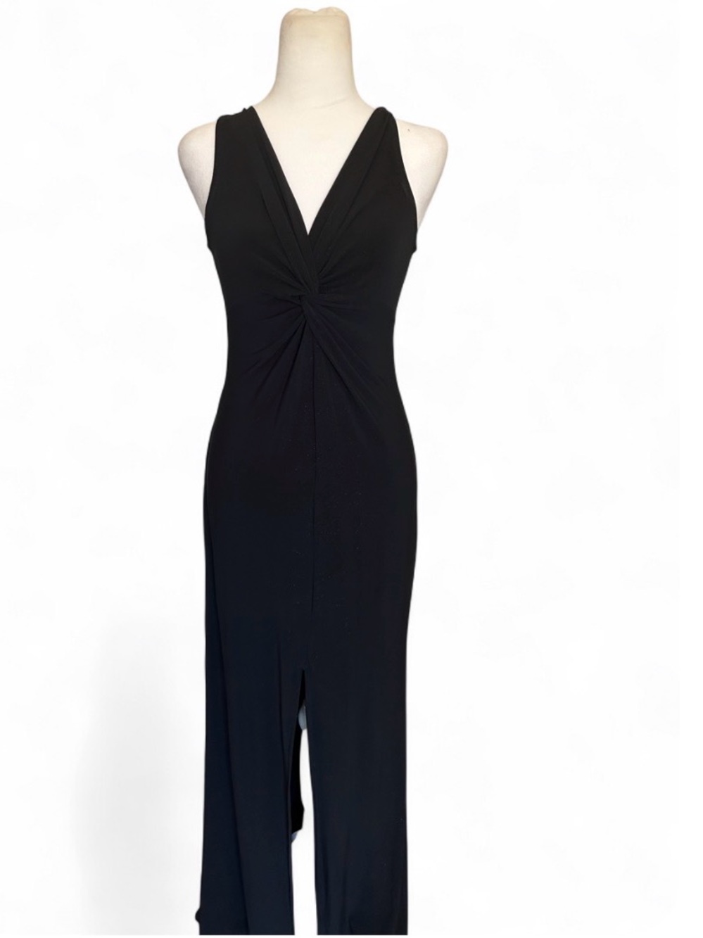 Vintage 1980s Elegant Black V-Neck Twist Front Evening Dress with gold glitter